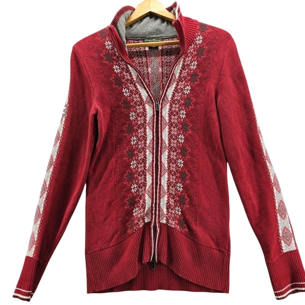 Eddie Bauer Women's Red Fair Isle Snowflakes Full Zip Sweater Combed Cotton S